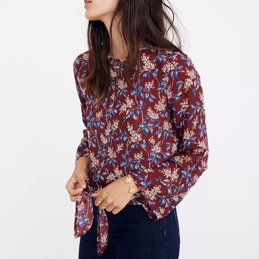 Madewell Bell-Sleeve Tie Top in Maroon and Blue Antique Flora Sz XS
